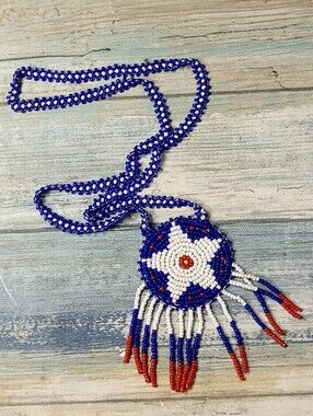 Blue, White & Red Seed Beaded Star Pendant Necklace
